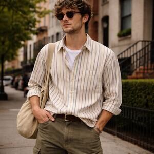 Vintage 90’s Men's Sz Large Sears Striped Casual Button Up Shirt Retro Dad Top